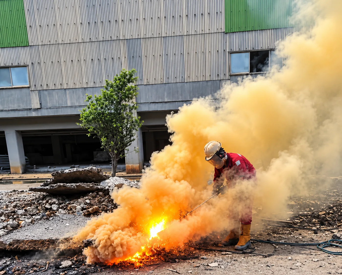MWT technician cutting with a thermal lance beside a plant building, in heavy smoke