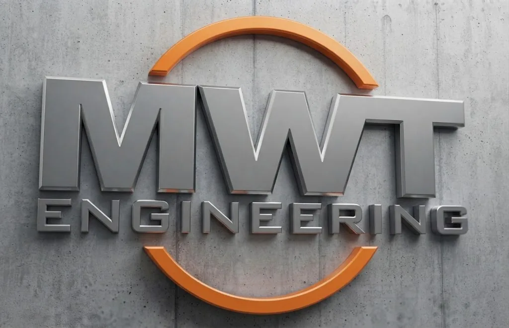 MWT Engineering three-dimensional metal logo with orange ring on a concrete wall