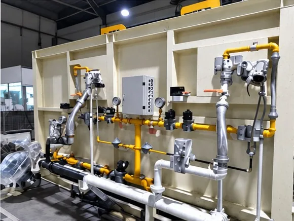 Furnace casing with burner gas train piping, valves, gauges and control box