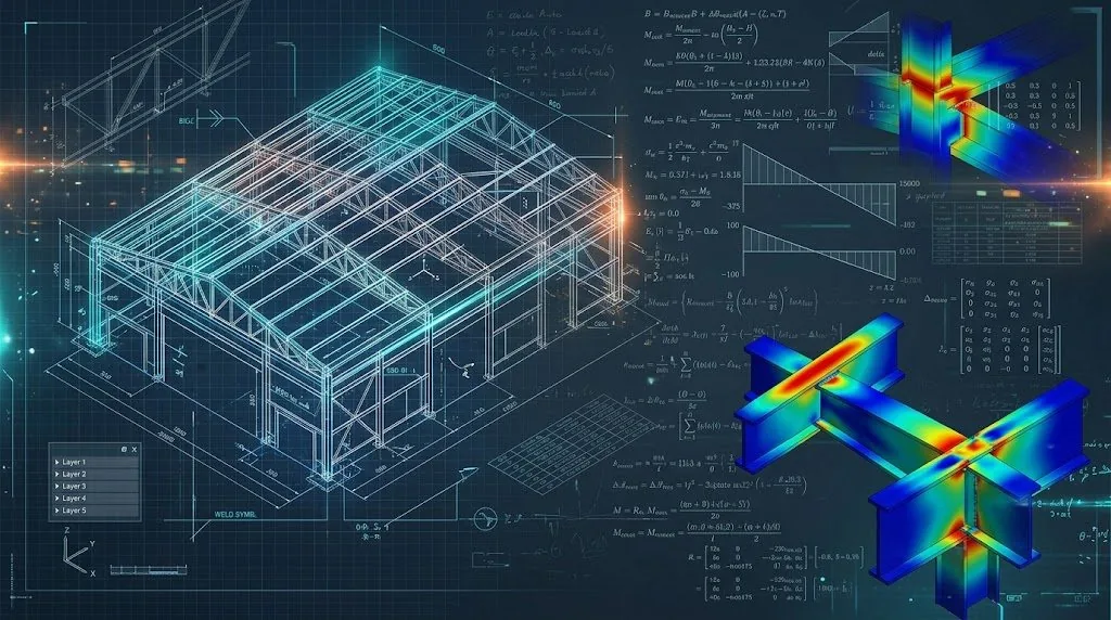 Steel building frame in a 3D engineering model with structural analysis diagrams
