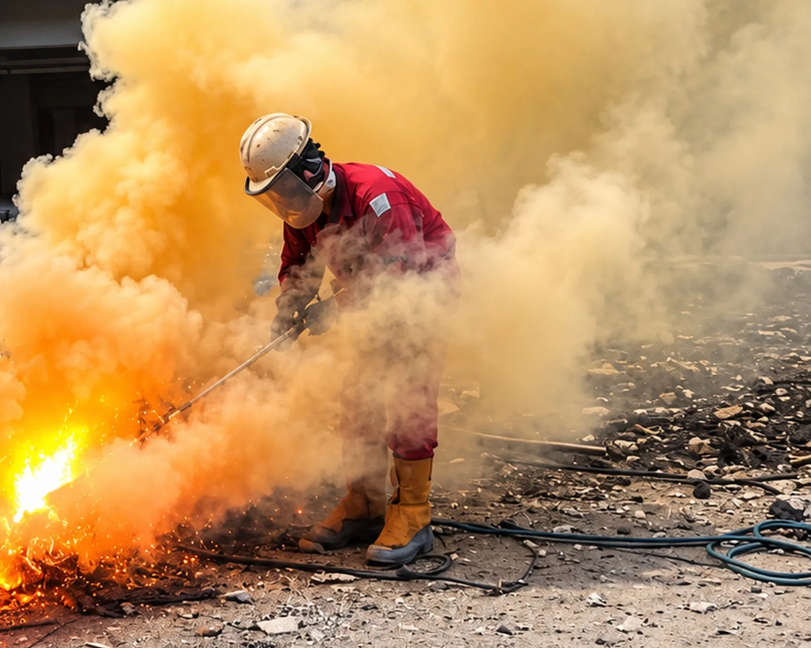 MWT technician in red coveralls using a thermal lance amid heavy orange smoke and sparks