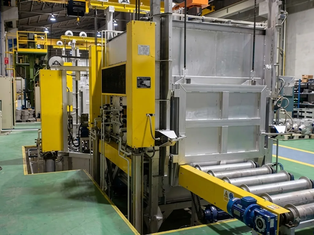 MWT T6 heat treatment furnace side view showing the insulated furnace chamber, yellow control cabinets, gas and water piping and roller conveyor on the plant floor