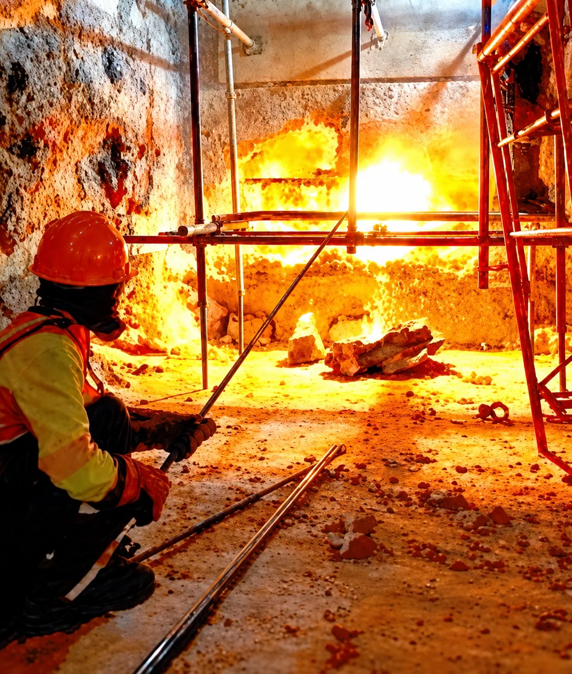MWT technician using a thermal lance inside a furnace chamber, with glowing heat behind and lance material on the floor