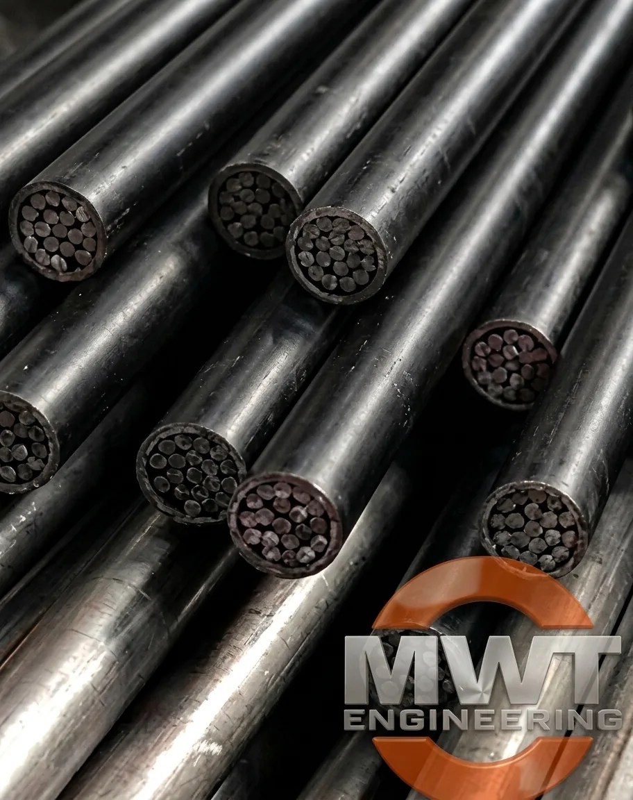 Close-up of MWT thermal lance material pipes showing the wire-filled pipe ends