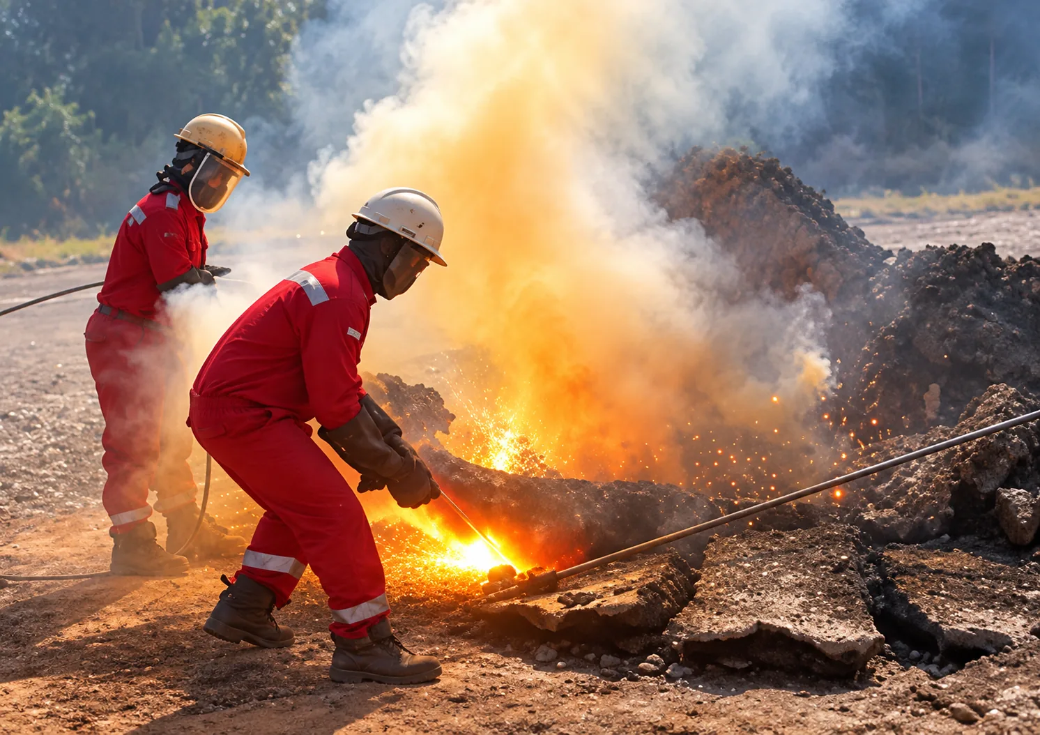 Two MWT technicians in red coveralls using a thermal lance on a slag build-up, with heavy smoke and sparks