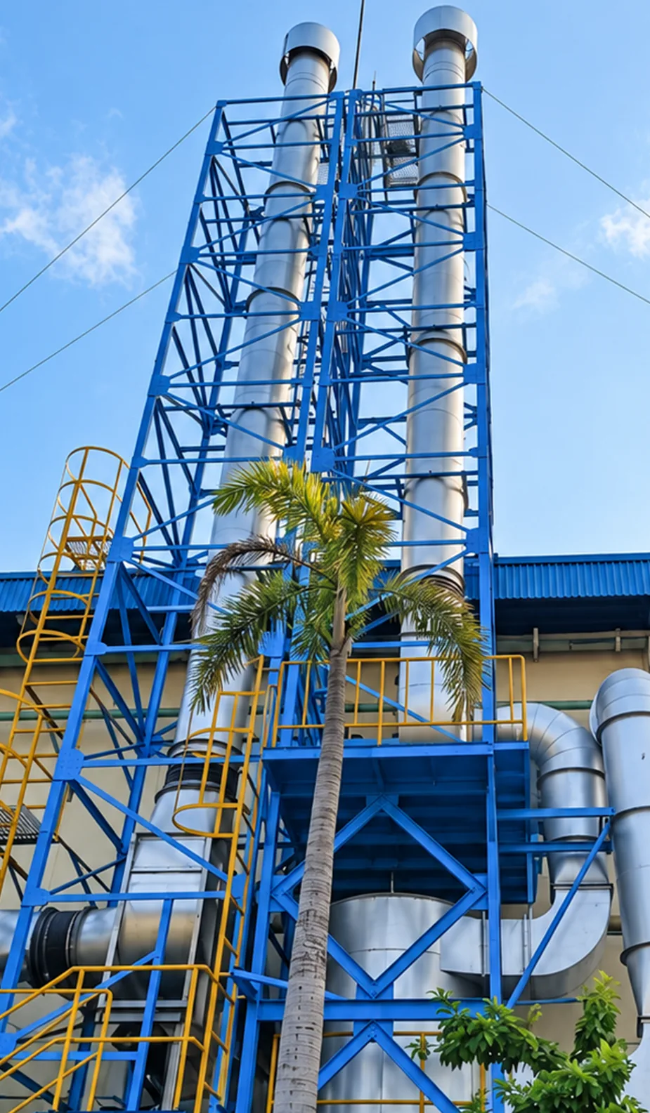 Twin stainless steel stacks on a blue steel tower with access ladders and platforms