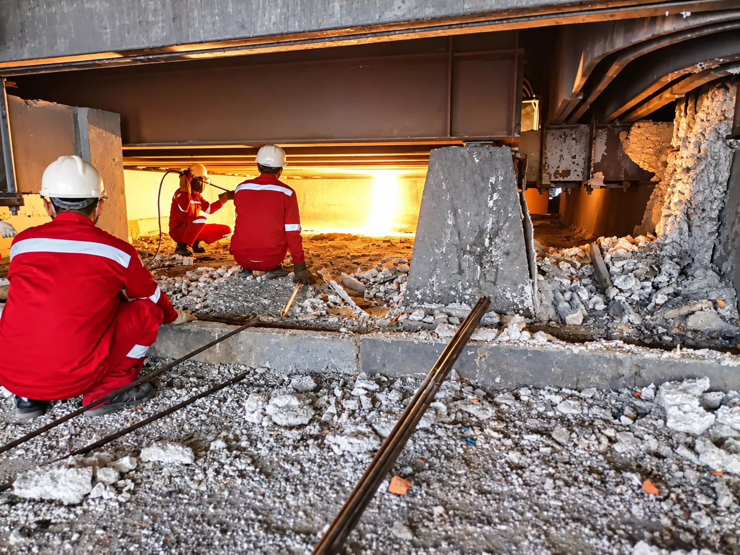 MWT crew working with thermal lances beneath a furnace structure