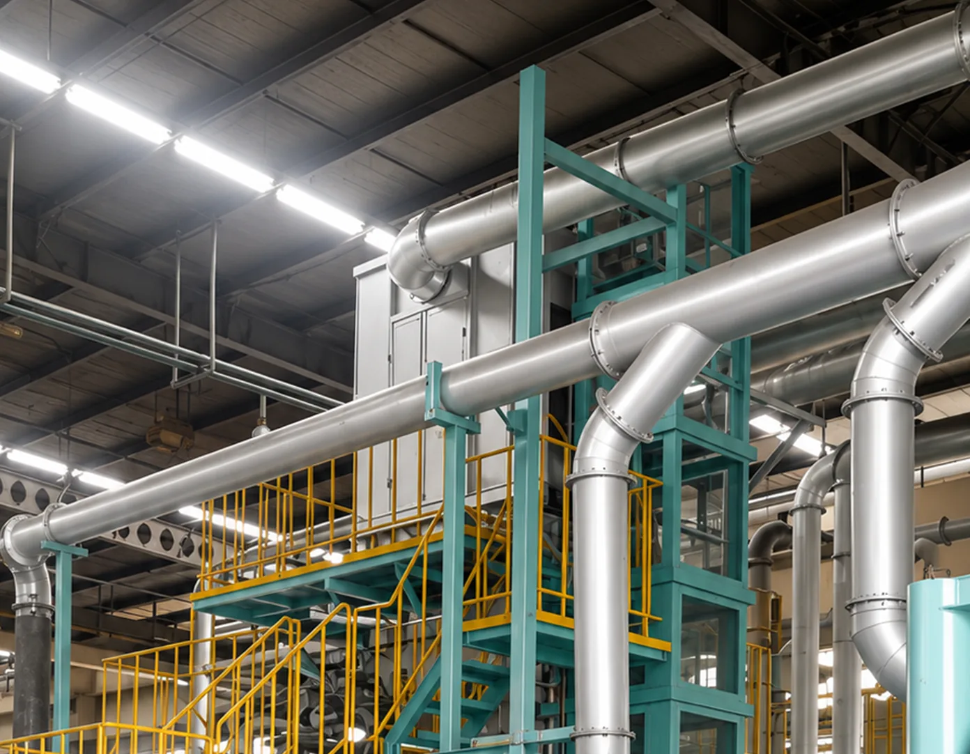 Stainless steel ducting on a teal steel support structure with yellow handrails inside an industrial plant
