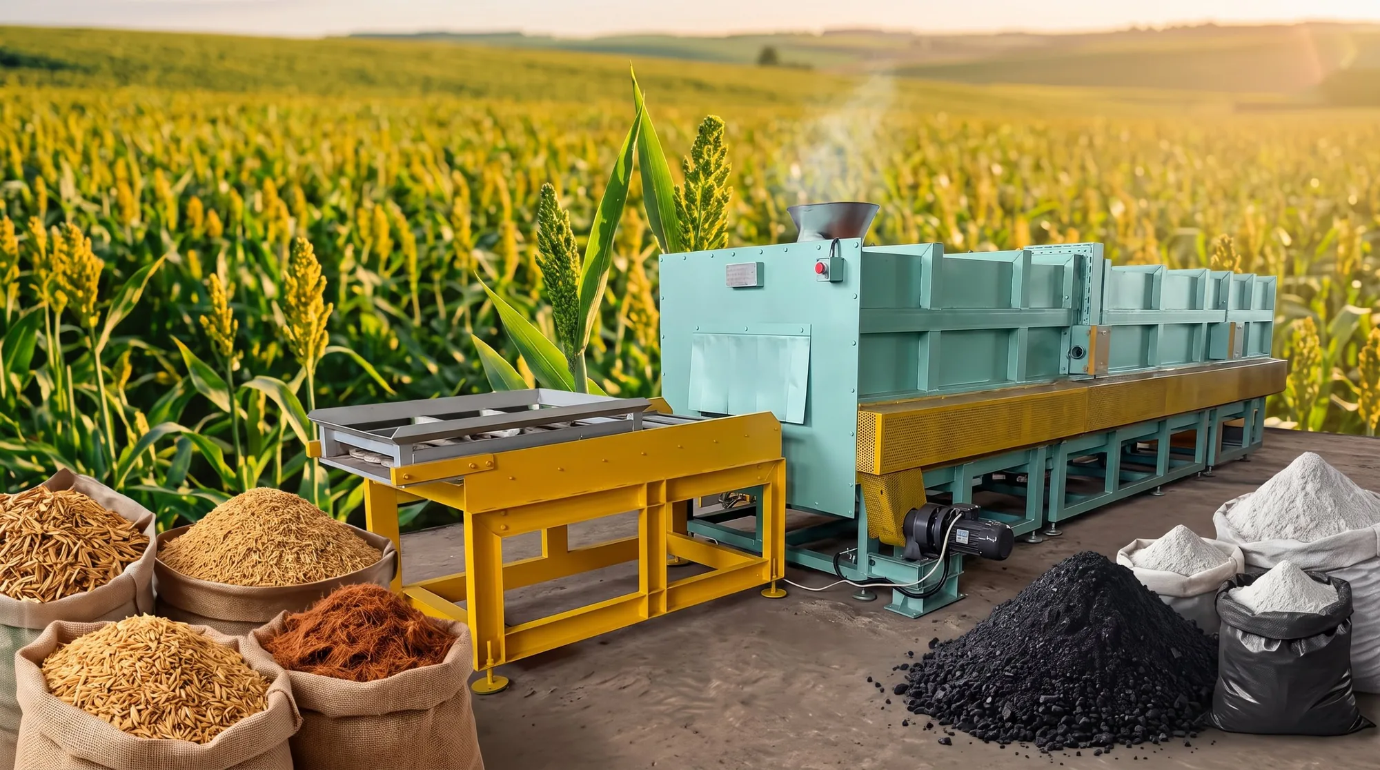 MWT biomass processing line with raw biomass and finished charcoal and powder products in a farm field