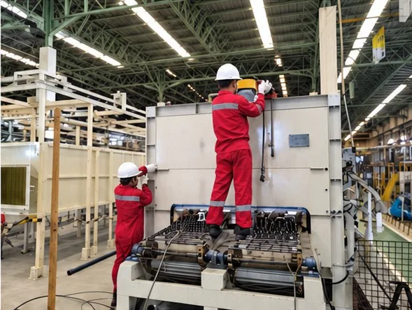 MWT technicians working on a heat treatment line furnace with roller conveyor inside a plant