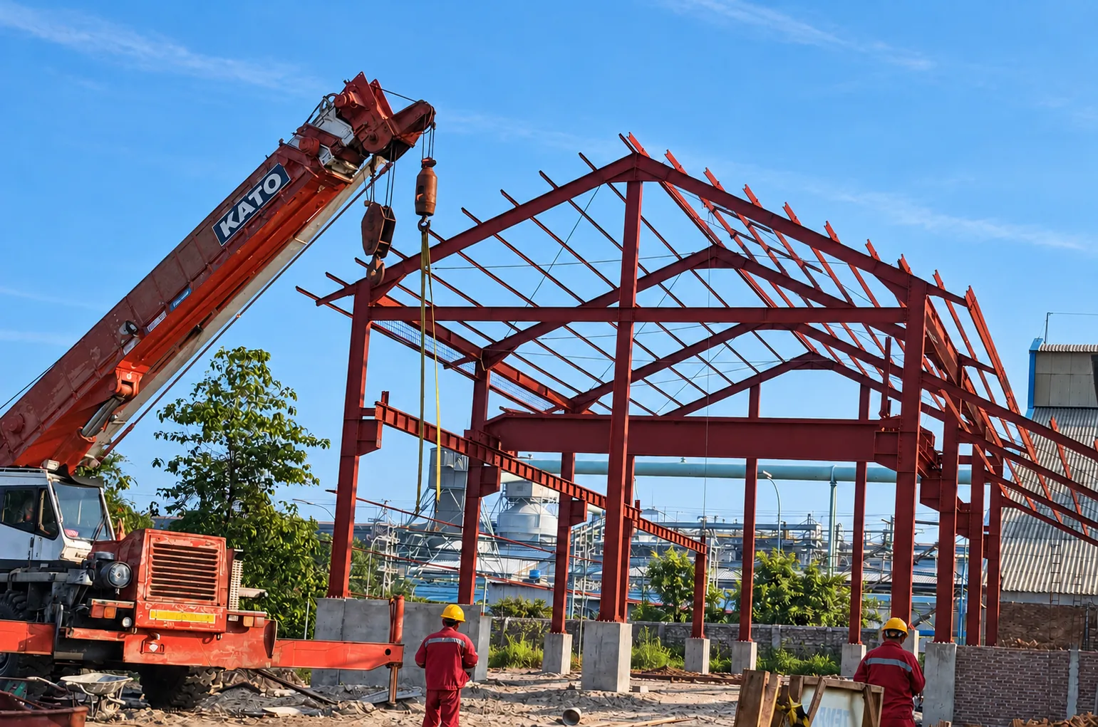 Steel building frame being erected with a mobile crane on a new industrial site in North Sumatra